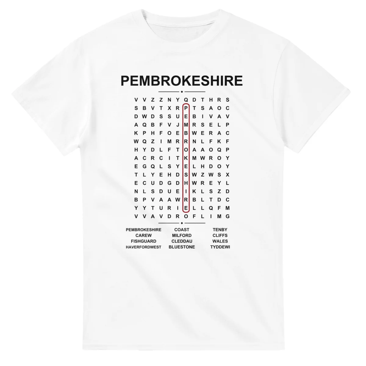 Word-search sheet for Pembrokeshire, with a large place-name heading, a letter grid, a local answer list, and a red highlighted example word.