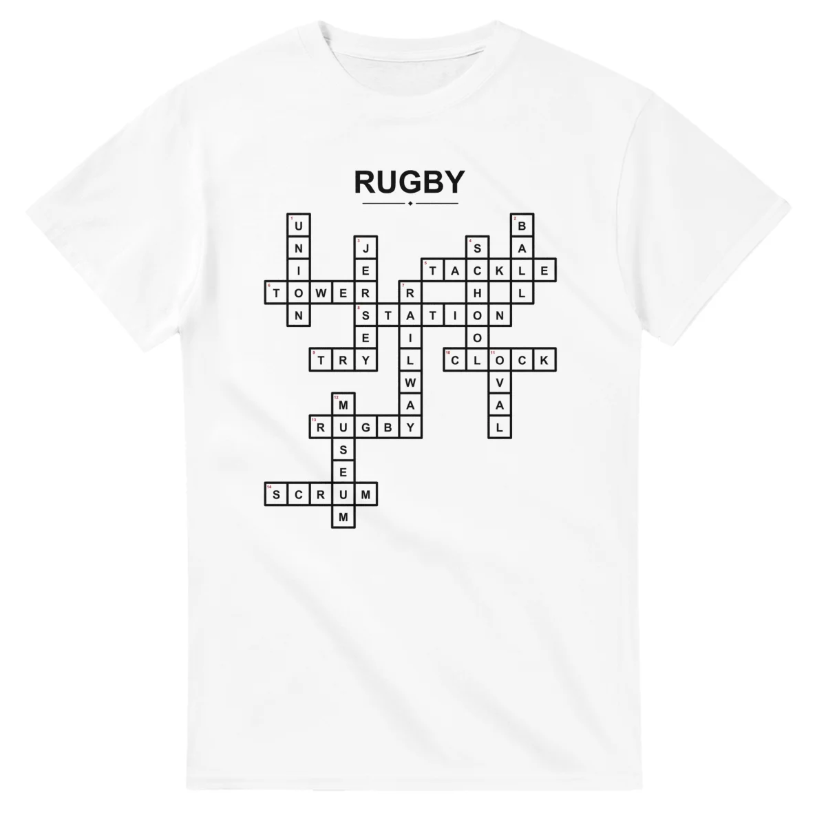 Monochrome crossword sheet for Rugby, with a large place-name heading, a letter grid, and numbered across and down clues.