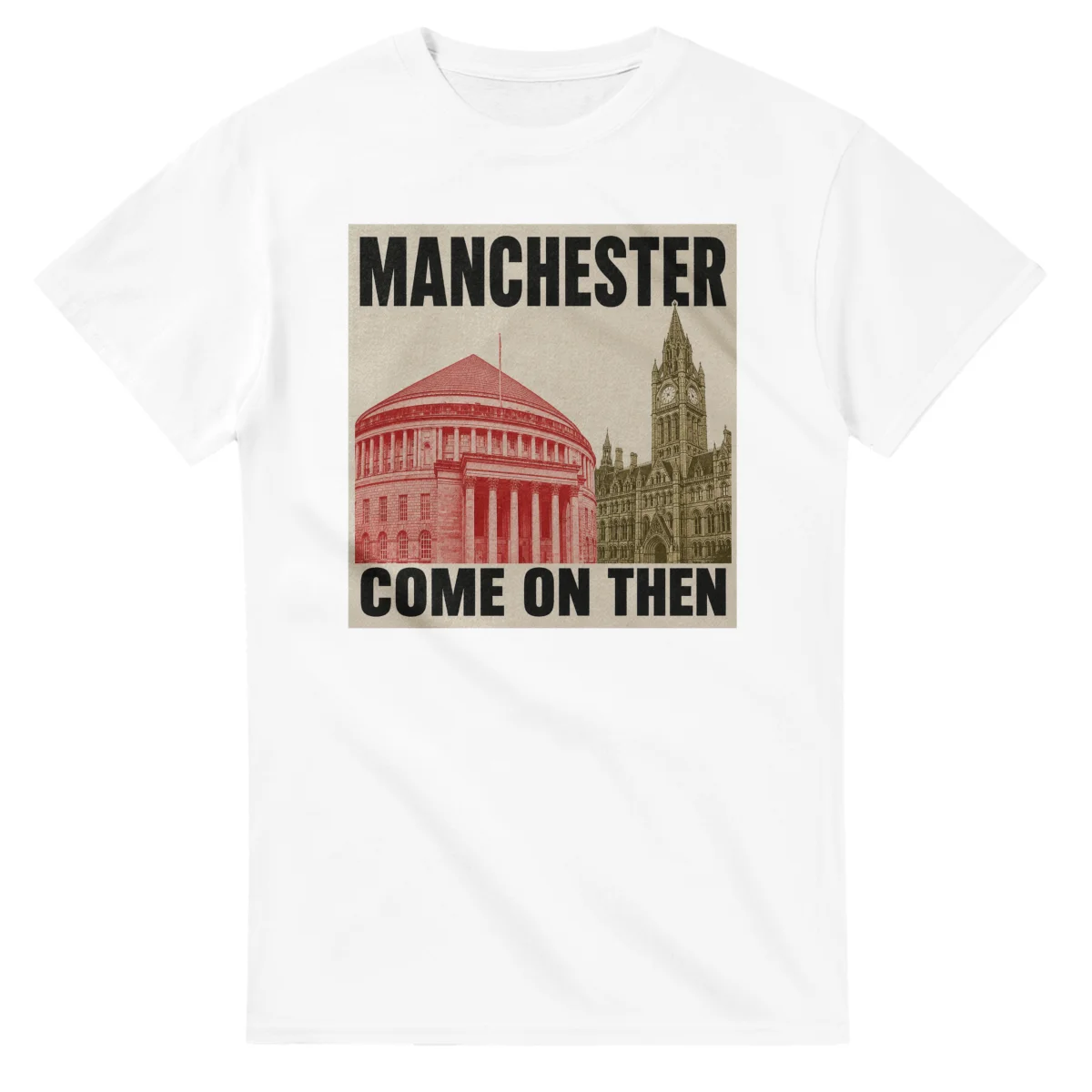 Two-colour scenic illustration for Manchester, with the place name and COME ON THEN lettering.