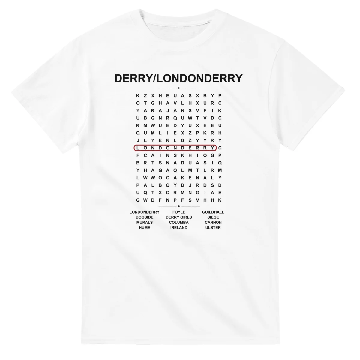 Word-search sheet for Derry/Londonderry, with a large place-name heading, a letter grid, a local answer list, and a red highlighted example word.