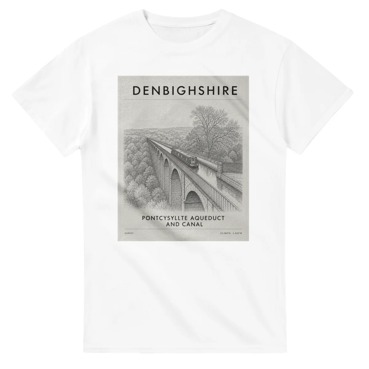 Fine-line engraving-style drawing for Denbighshire, with a landmark caption and small coordinate text.