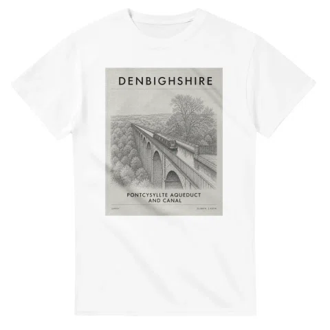 Fine-line engraving-style drawing for Denbighshire, with a landmark caption and small coordinate text.