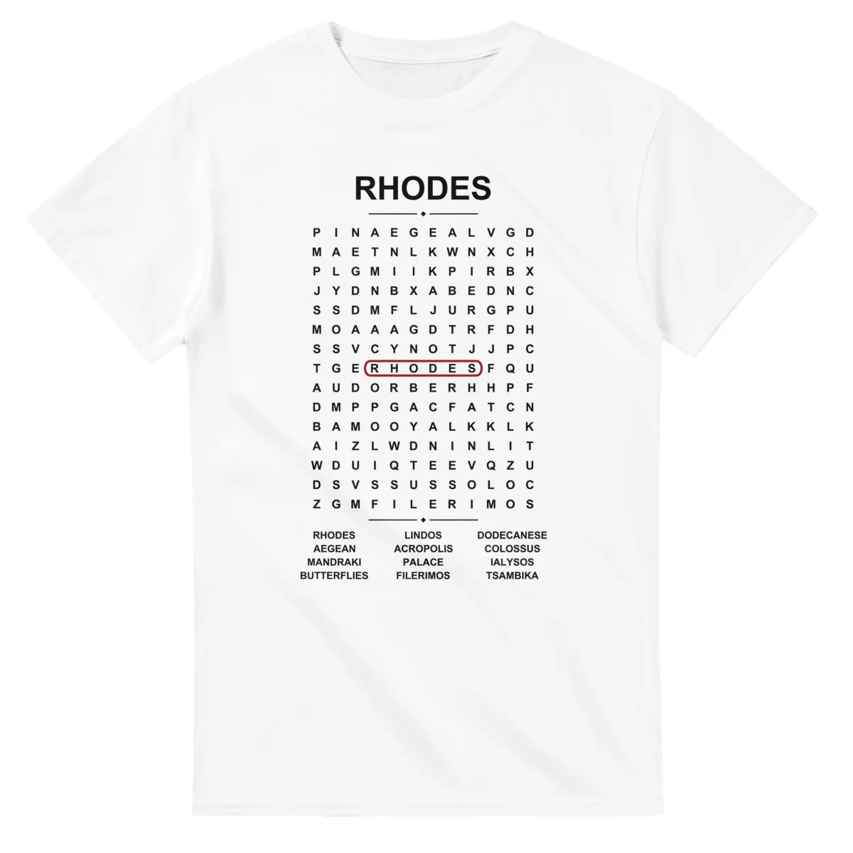 Word-search sheet for Rhodes, with a large place-name heading, a letter grid, a local answer list, and a red highlighted example word.