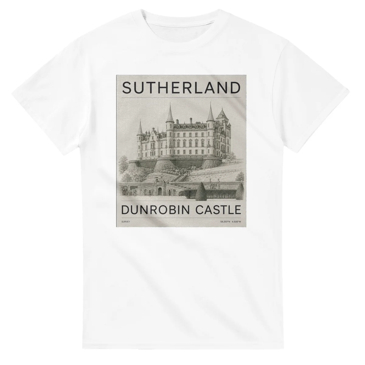 Fine-line engraving-style drawing for Sutherland, with a landmark caption and small coordinate text.