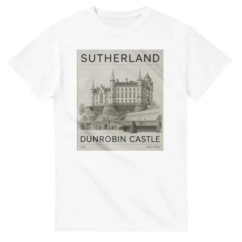 Fine-line engraving-style drawing for Sutherland, with a landmark caption and small coordinate text.