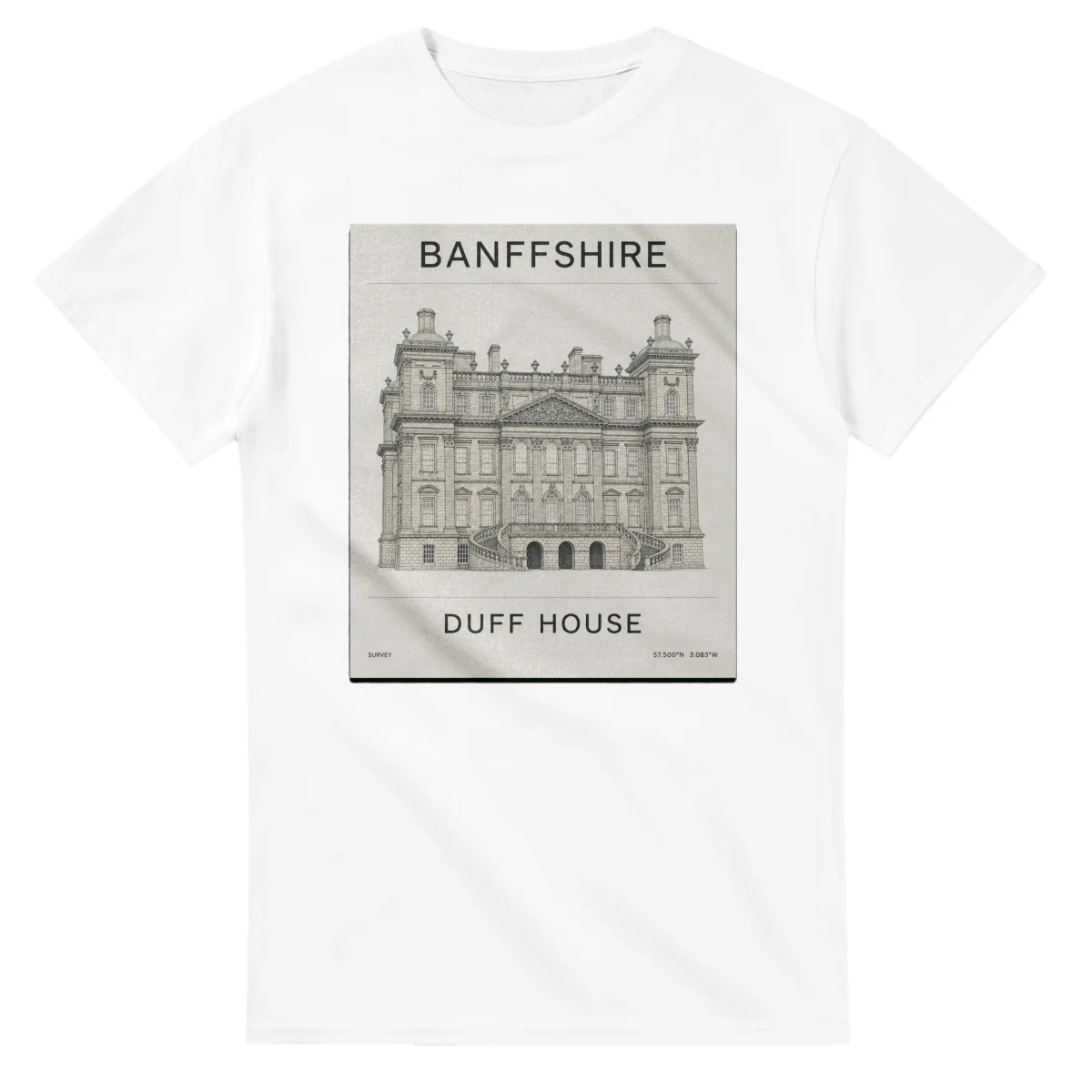 Fine-line engraving-style drawing for Banffshire, with a landmark caption and small coordinate text.