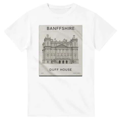 Fine-line engraving-style drawing for Banffshire, with a landmark caption and small coordinate text.