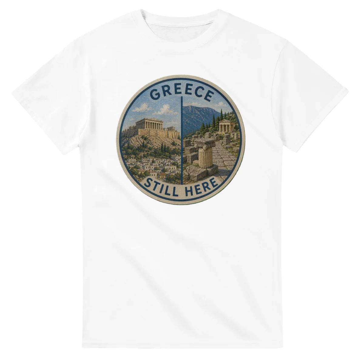 Painted, panelled scenic illustration for Greece, with paired local scenes and the place name in lettering.