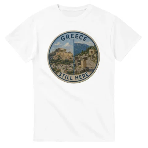 Painted, panelled scenic illustration for Greece, with paired local scenes and the place name in lettering.