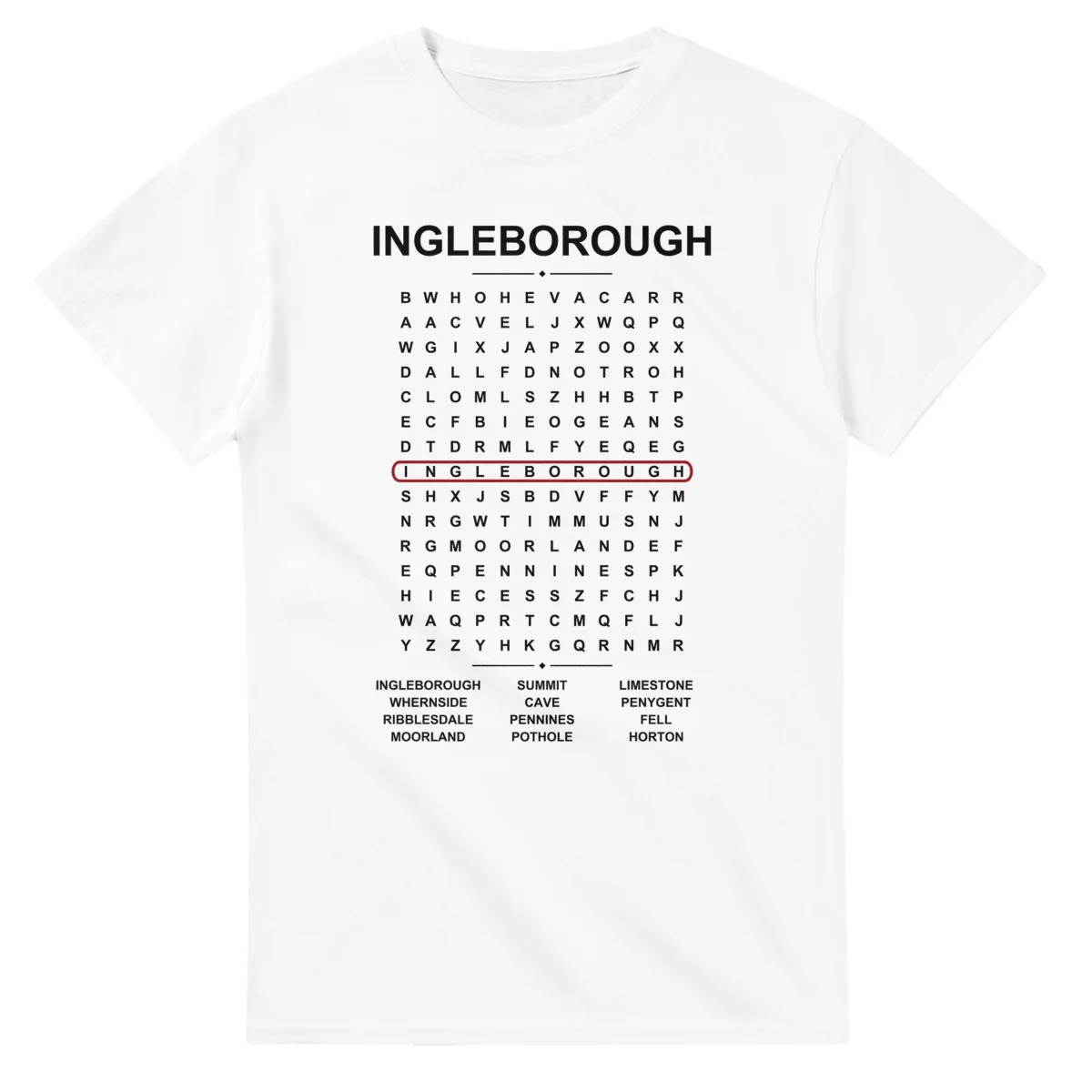 Word-search sheet for Ingleborough, with a large place-name heading, a letter grid, a local answer list, and a red highlighted example word.