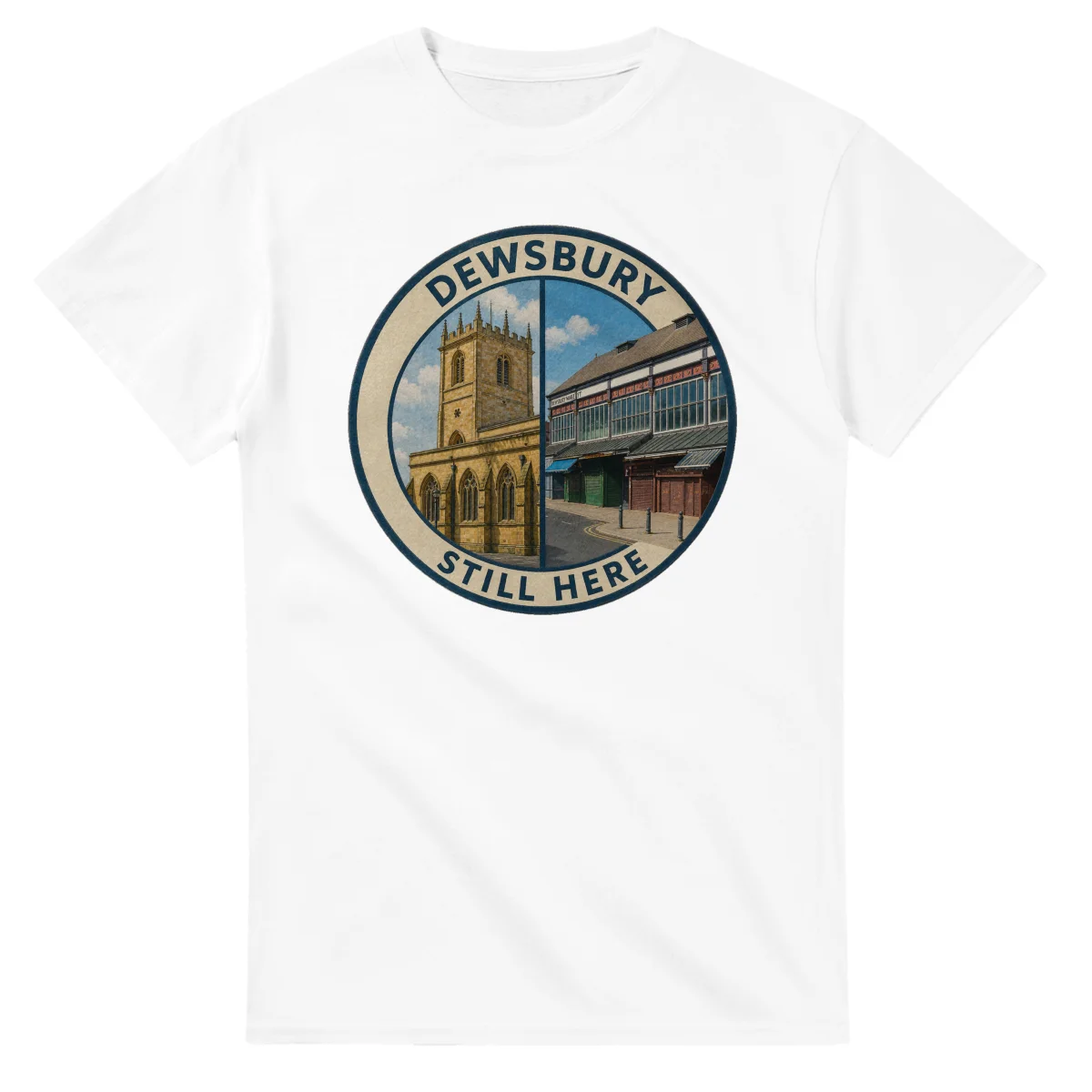 Painted, panelled scenic illustration for Dewsbury, with paired local scenes and the place name in lettering.