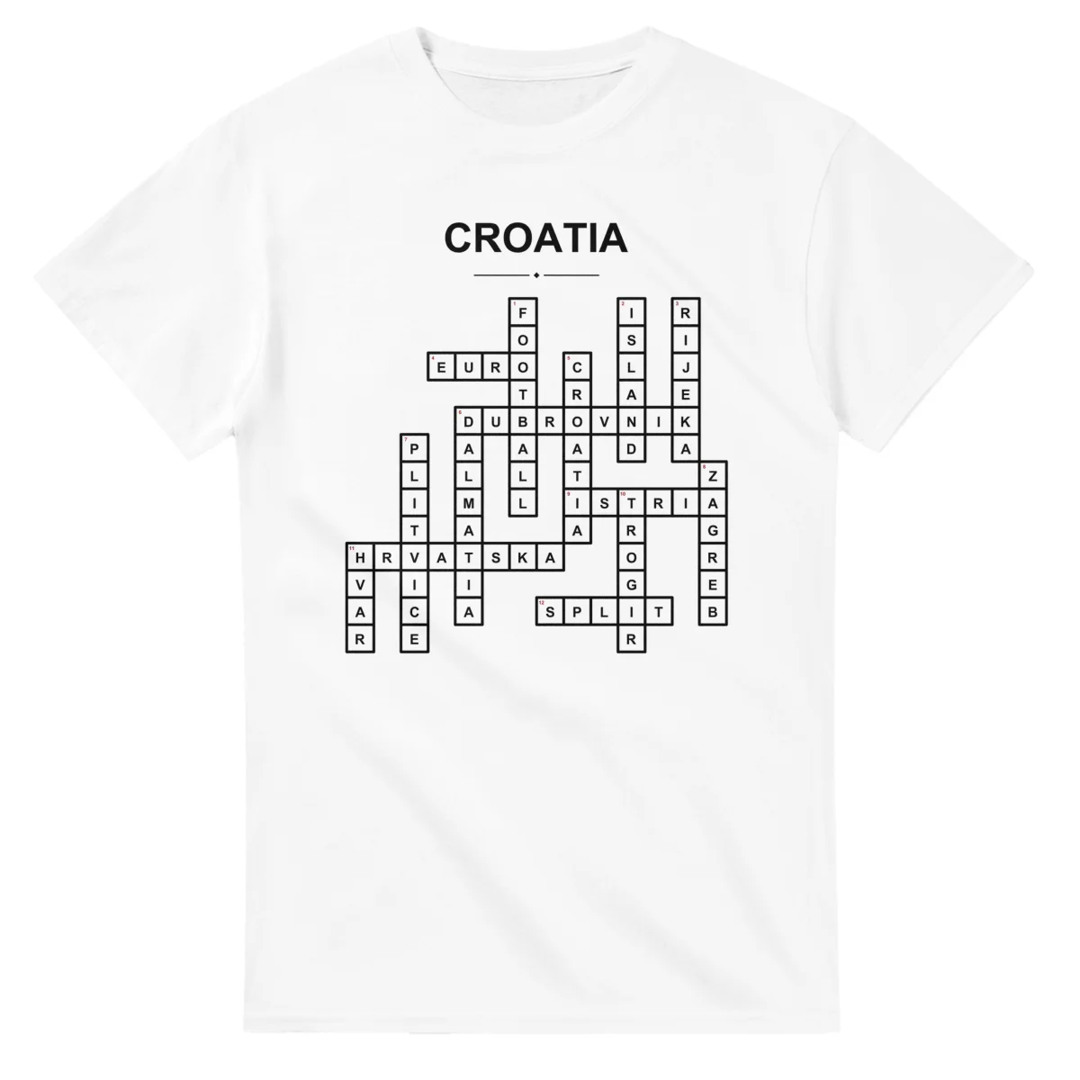 Monochrome crossword sheet for Croatia, with a large place-name heading, a letter grid, and numbered across and down clues.