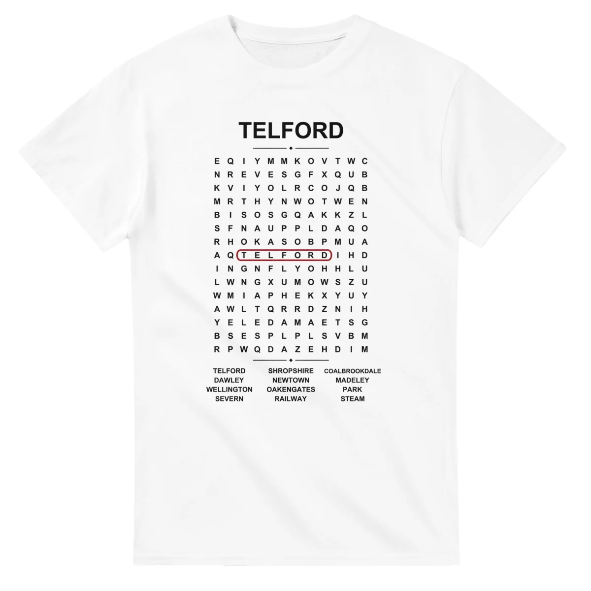 Word-search sheet for Telford, with a large place-name heading, a letter grid, a local answer list, and a red highlighted example word.
