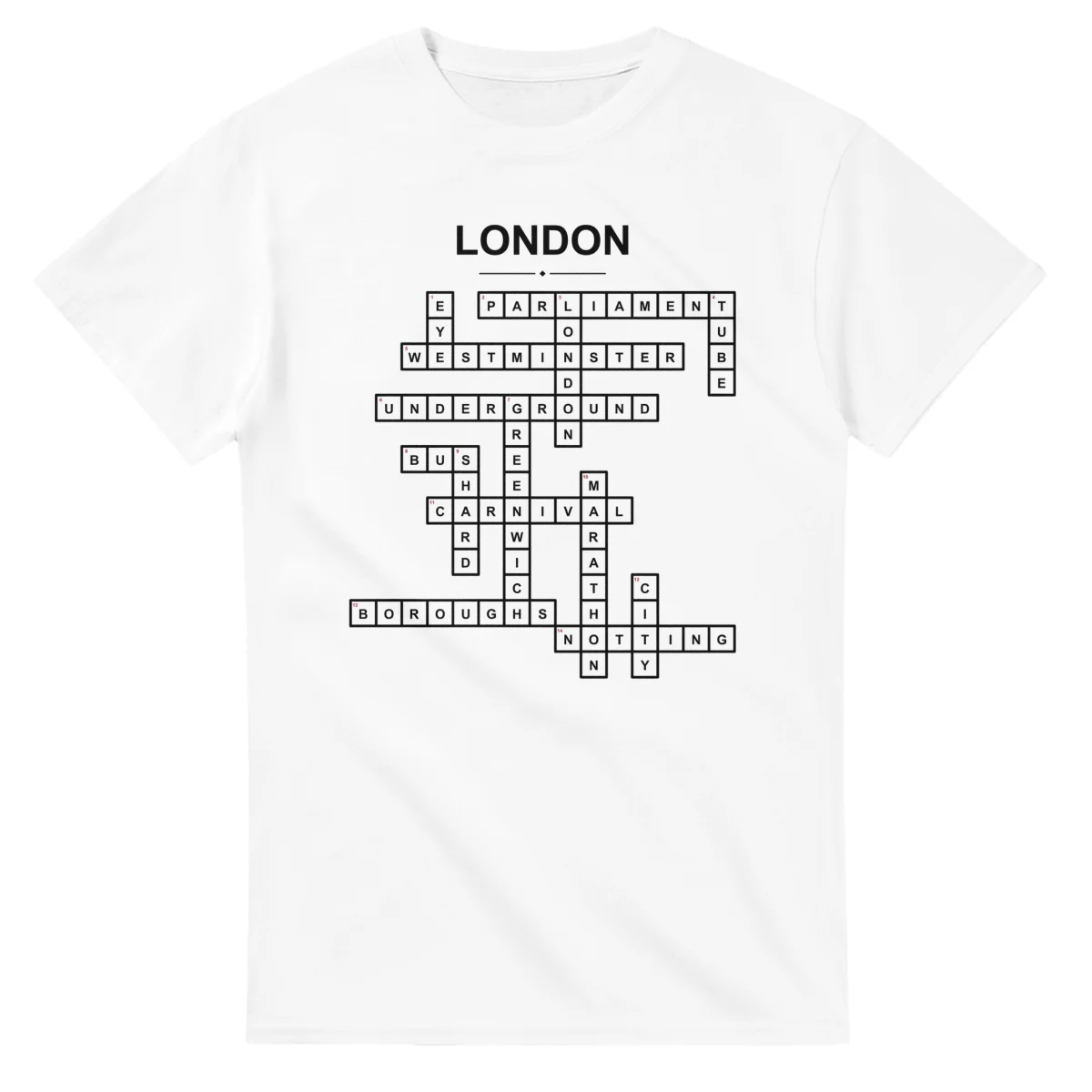 Monochrome crossword sheet for London, with a large place-name heading, a letter grid, and numbered across and down clues.
