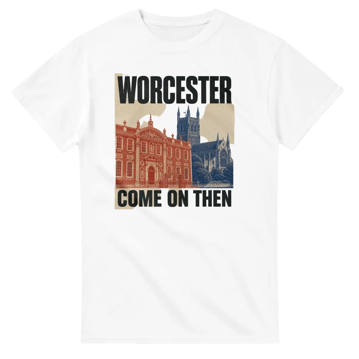 Two-colour scenic illustration for Worcester, with the place name and COME ON THEN lettering.