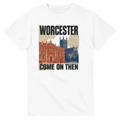 Two-colour scenic illustration for Worcester, with the place name and COME ON THEN lettering.
