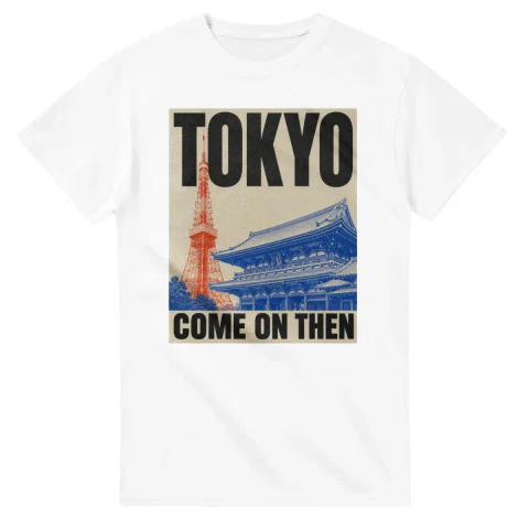 Two-colour scenic illustration for Tokyo, with the place name and COME ON THEN lettering.