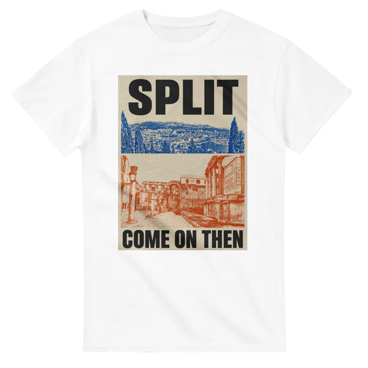 Two-colour scenic illustration for Split, with the place name and COME ON THEN lettering.