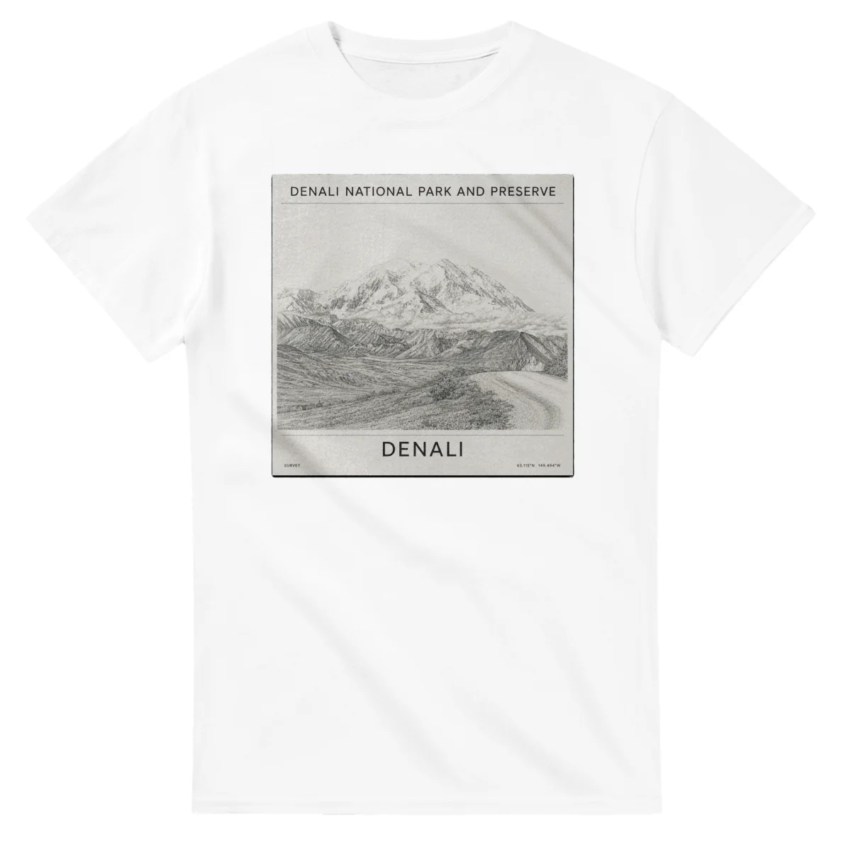 Fine-line engraving-style drawing for Denali National Park and Preserve, with a landmark caption and small coordinate text.