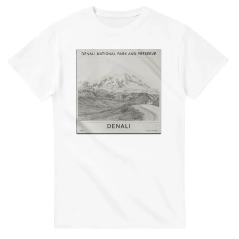 Fine-line engraving-style drawing for Denali National Park and Preserve, with a landmark caption and small coordinate text.