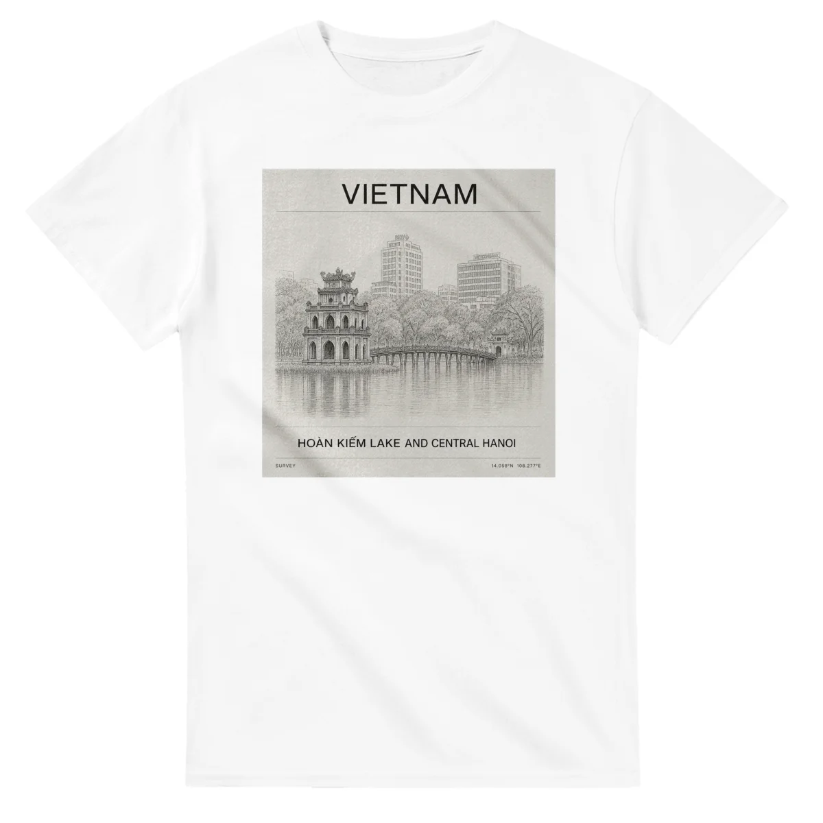 Fine-line engraving-style drawing for Vietnam, with a landmark caption and small coordinate text.
