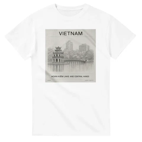 Fine-line engraving-style drawing for Vietnam, with a landmark caption and small coordinate text.