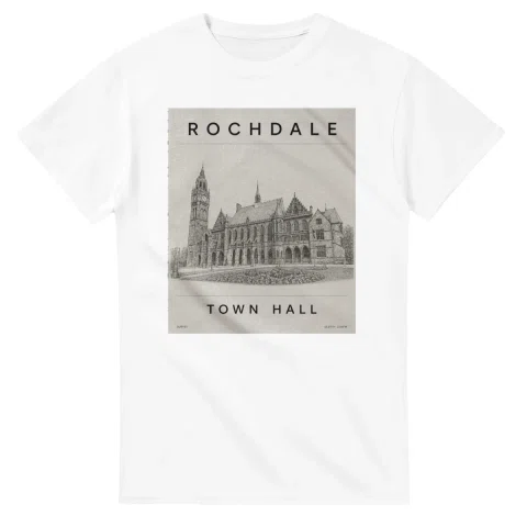 Fine-line engraving-style drawing for Rochdale, with a landmark caption and small coordinate text.