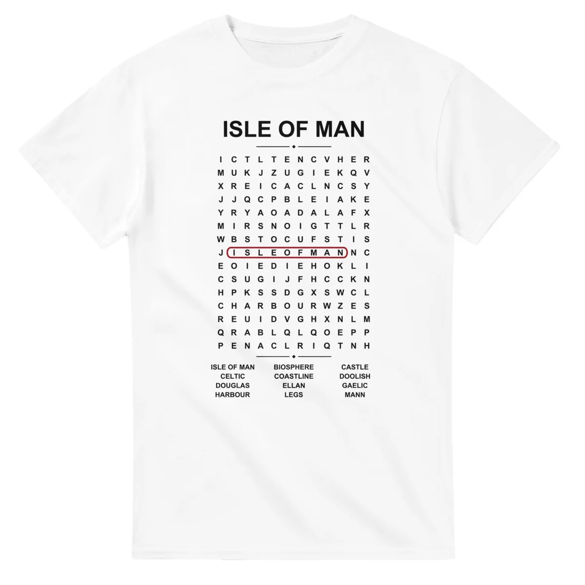 Word-search sheet for Isle of Man, with a large place-name heading, a letter grid, a local answer list, and a red highlighted example word.