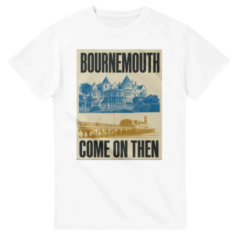 Two-colour scenic illustration for Bournemouth, with the place name and COME ON THEN lettering.