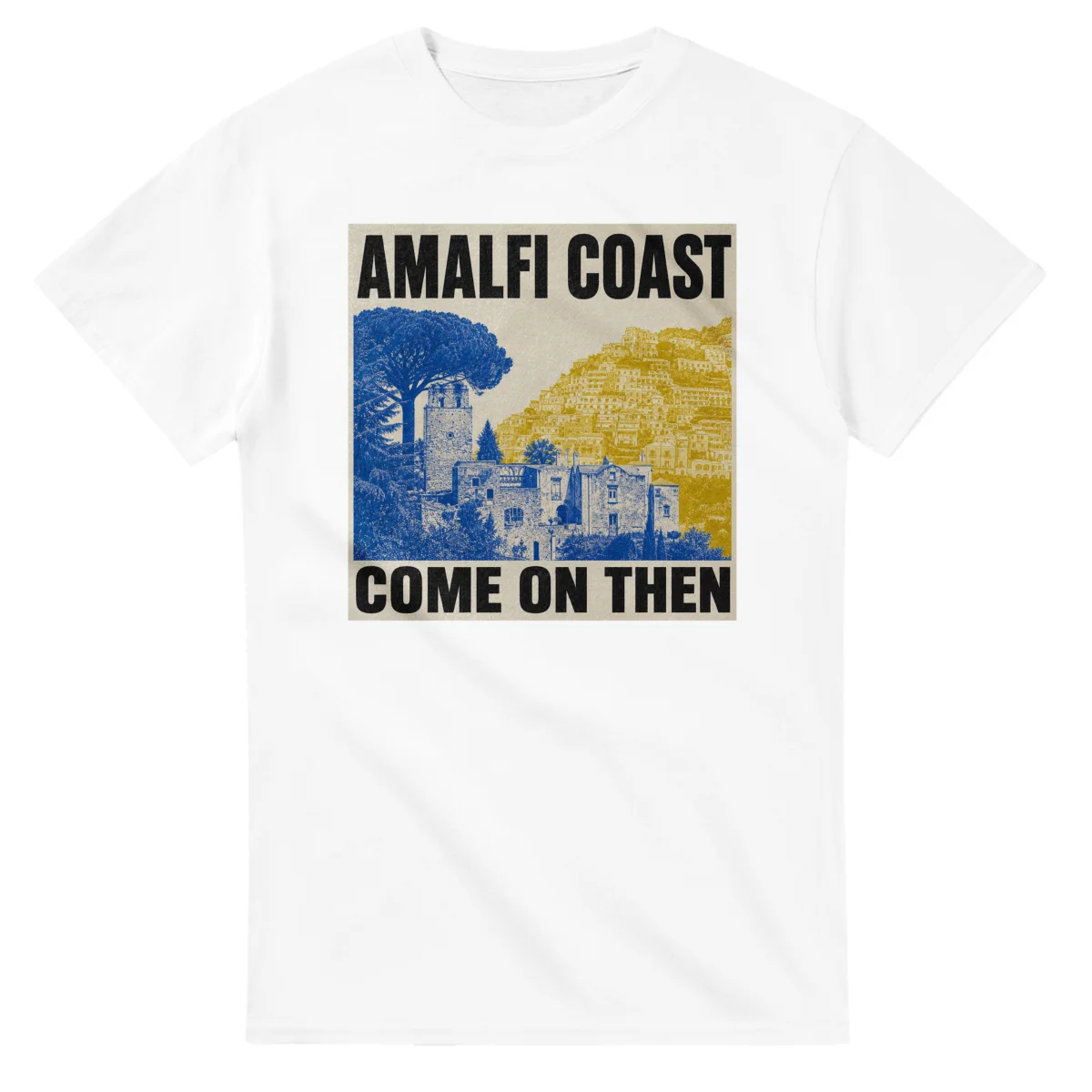 Two-colour scenic illustration for Amalfi Coast, with the place name and COME ON THEN lettering.