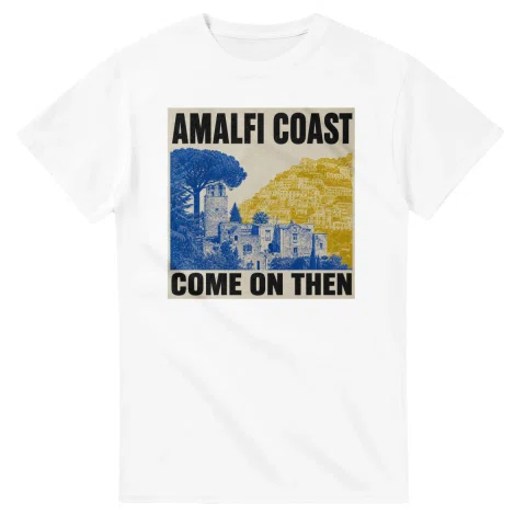 Two-colour scenic illustration for Amalfi Coast, with the place name and COME ON THEN lettering.