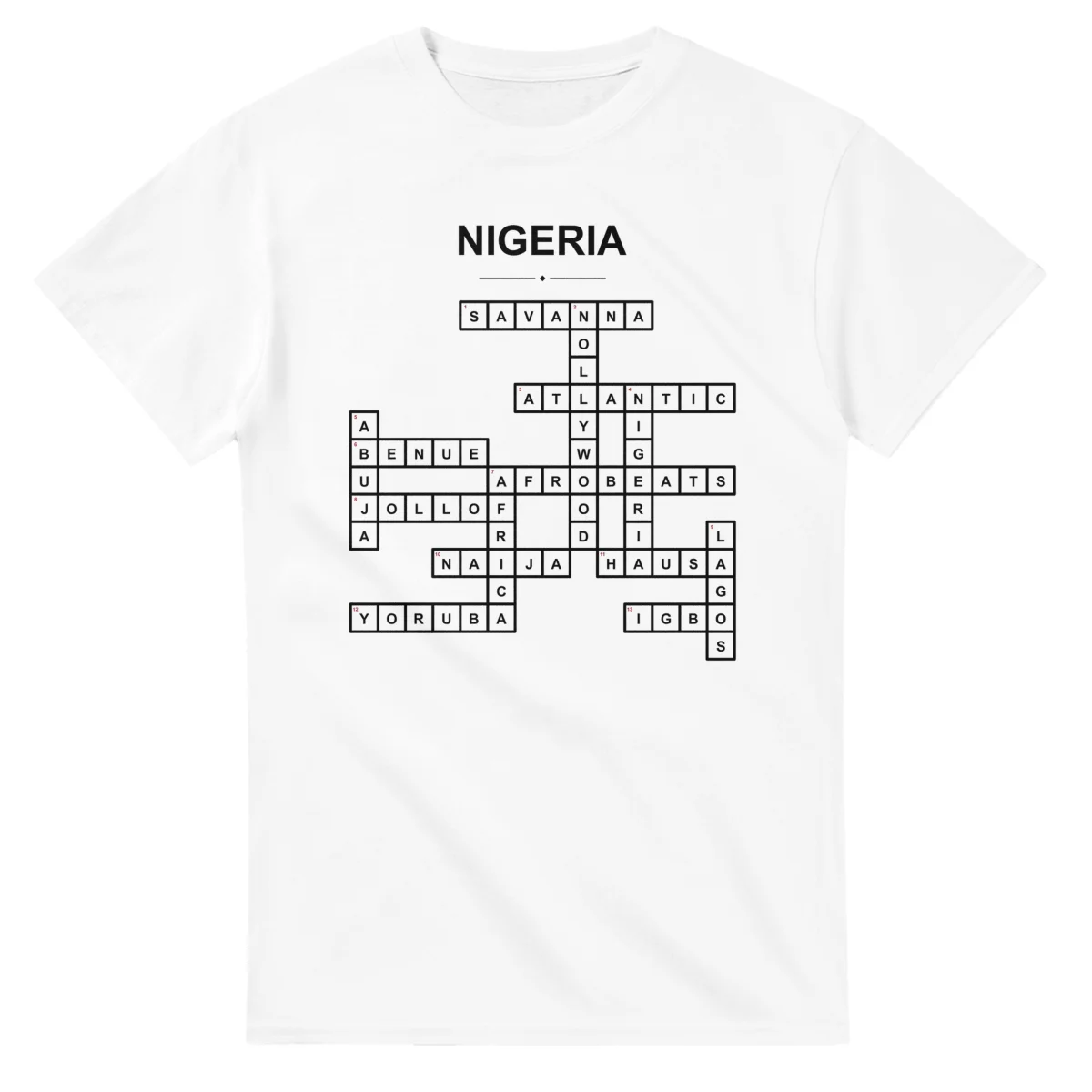 Monochrome crossword sheet for Nigeria, with a large place-name heading, a letter grid, and numbered across and down clues.