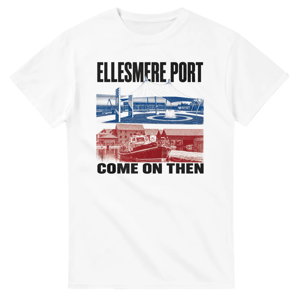 Two-colour scenic illustration for Ellesmere Port, with the place name and COME ON THEN lettering.