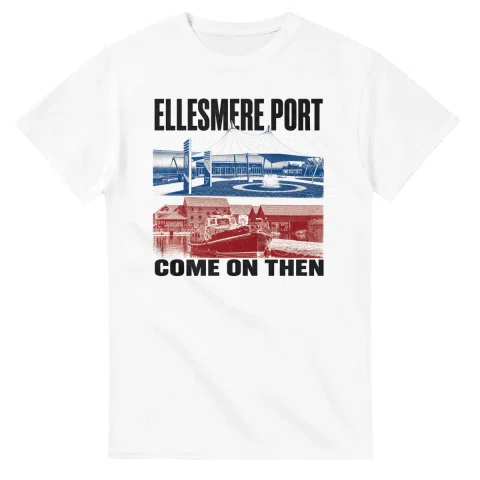 Two-colour scenic illustration for Ellesmere Port, with the place name and COME ON THEN lettering.
