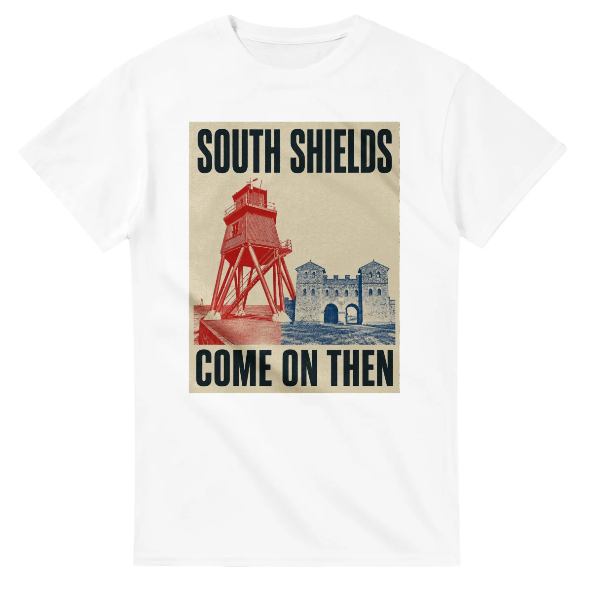 Two-colour scenic illustration for South Shields, with the place name and COME ON THEN lettering.