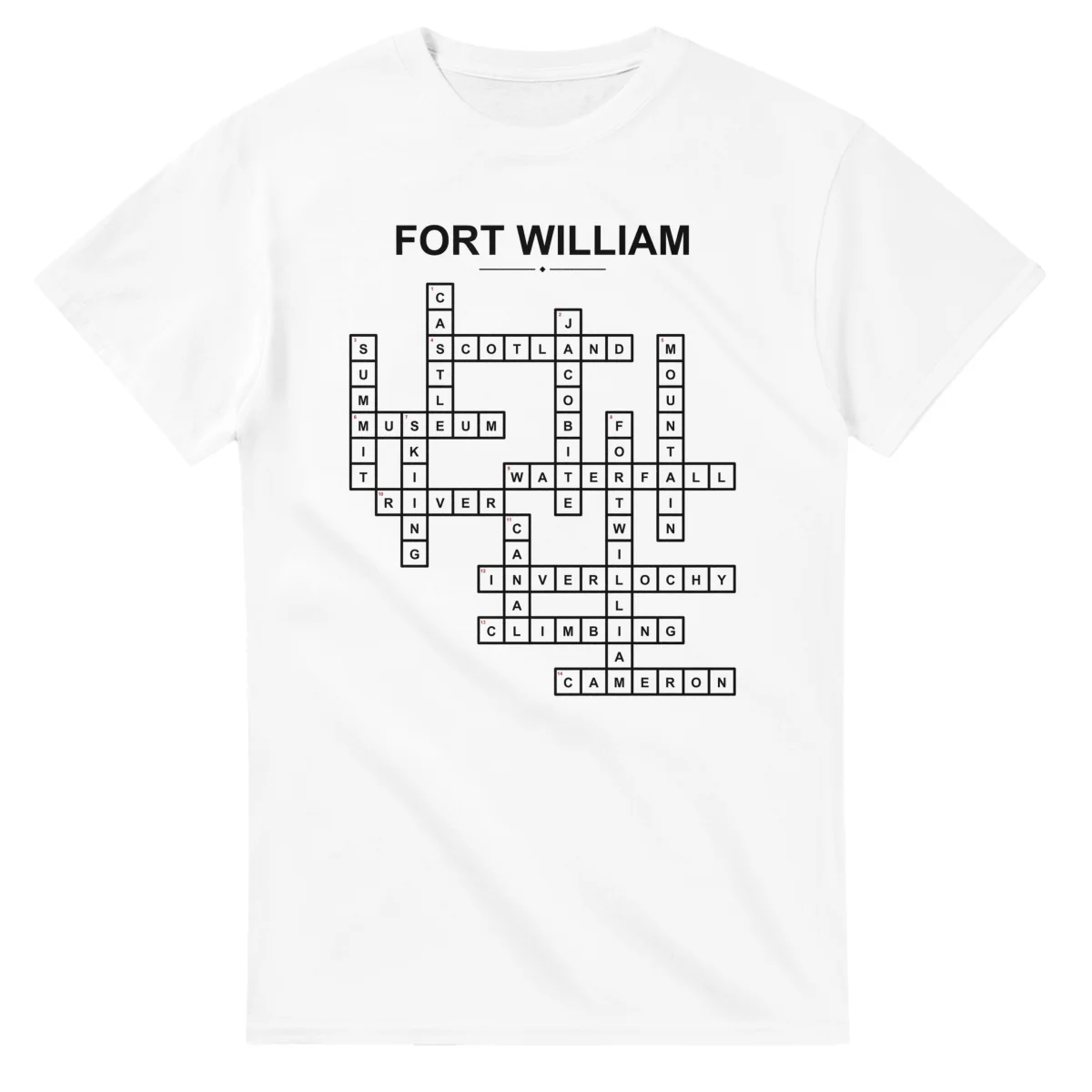 Monochrome crossword sheet for Fort William, with a large place-name heading, a letter grid, and numbered across and down clues.