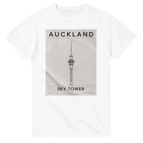 Fine-line engraving-style drawing for Auckland, with a landmark caption and small coordinate text.