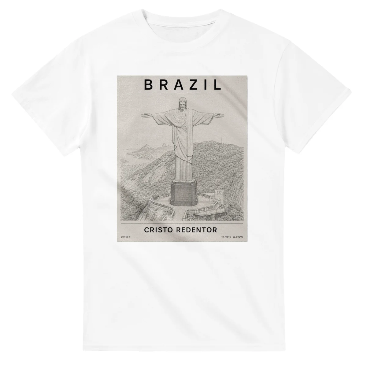 Fine-line engraving-style drawing for Brazil, with a landmark caption and small coordinate text.