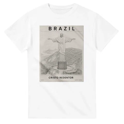 Fine-line engraving-style drawing for Brazil, with a landmark caption and small coordinate text.
