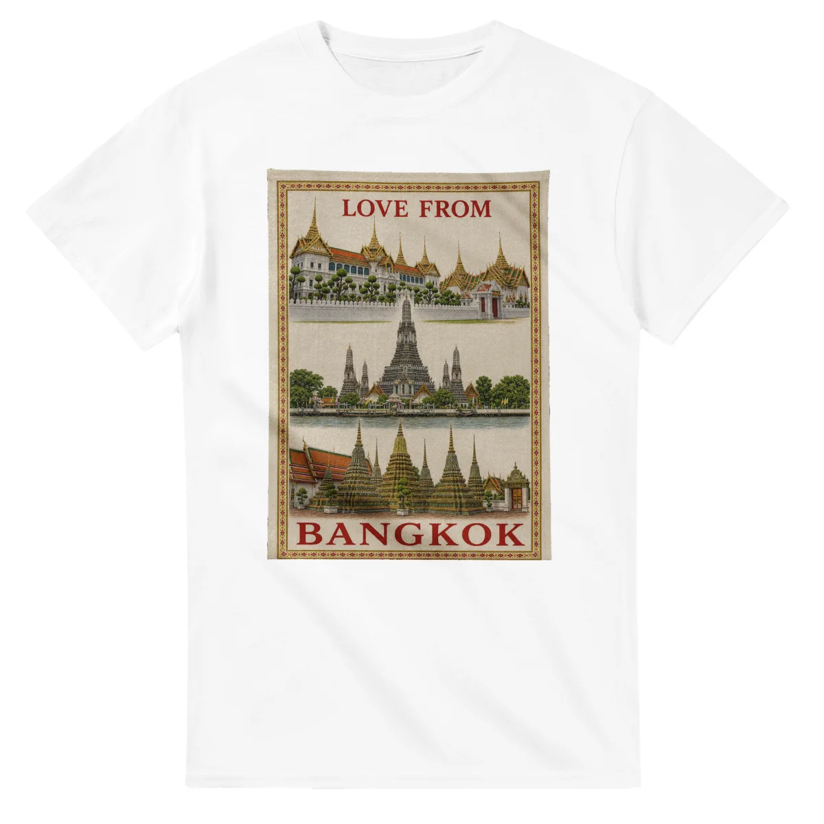 Framed scenic design for Bangkok, with several local views, a decorative border and LOVE FROM lettering.