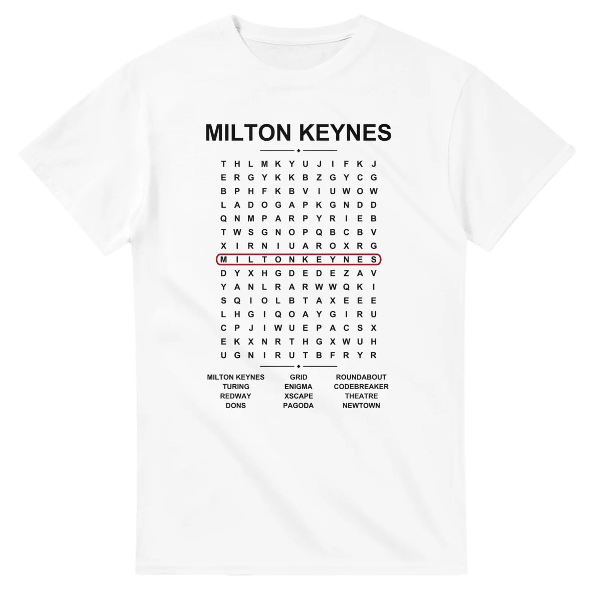 Word-search sheet for Milton Keynes, with a large place-name heading, a letter grid, a local answer list, and a red highlighted example word.