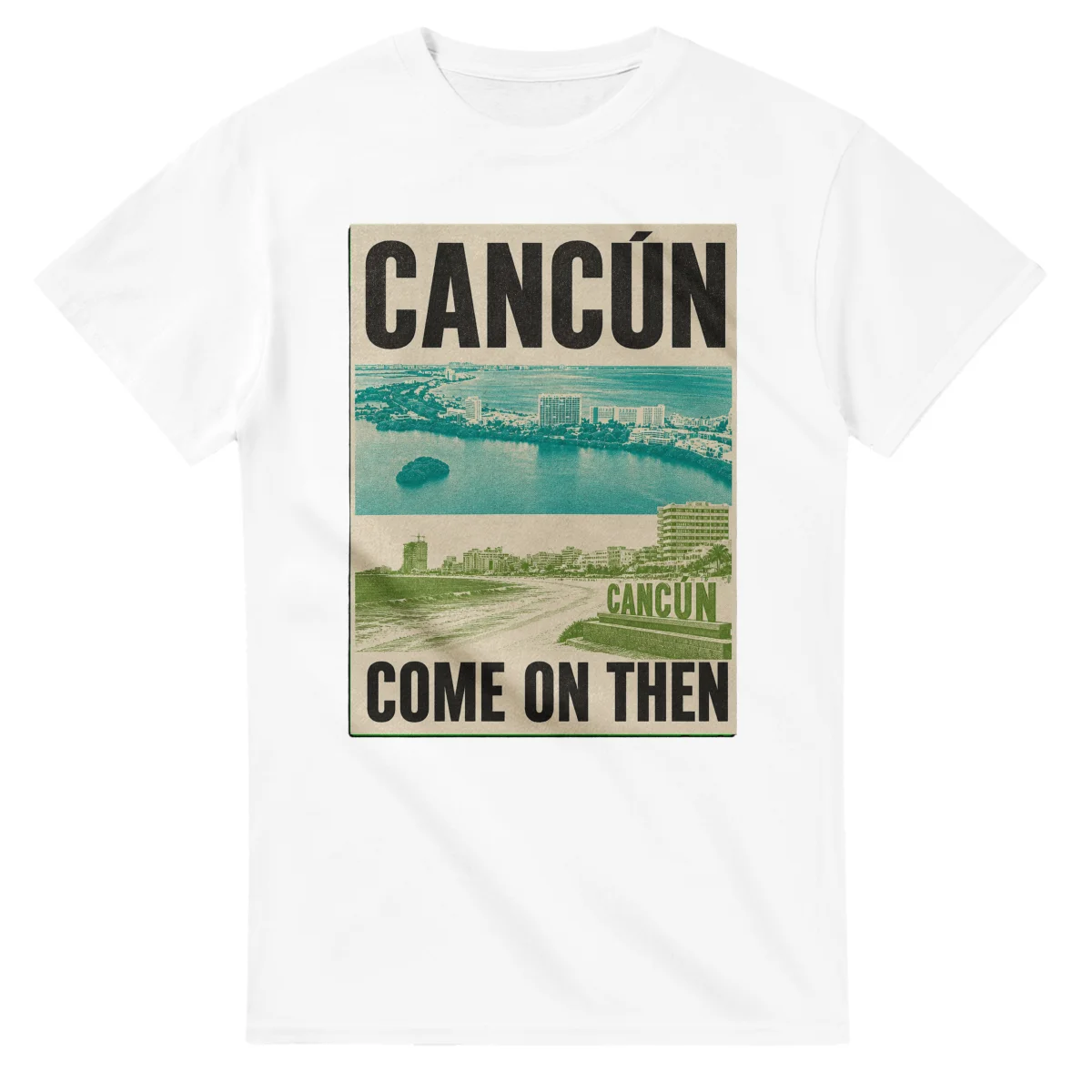 Two-colour scenic illustration for Cancún, with the place name and COME ON THEN lettering.