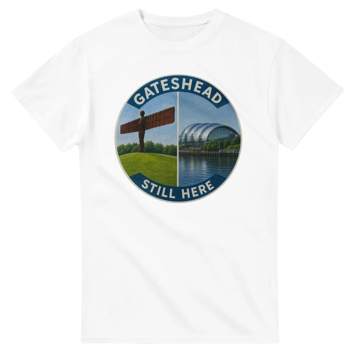 Painted, panelled scenic illustration for Gateshead, with paired local scenes and the place name in lettering.