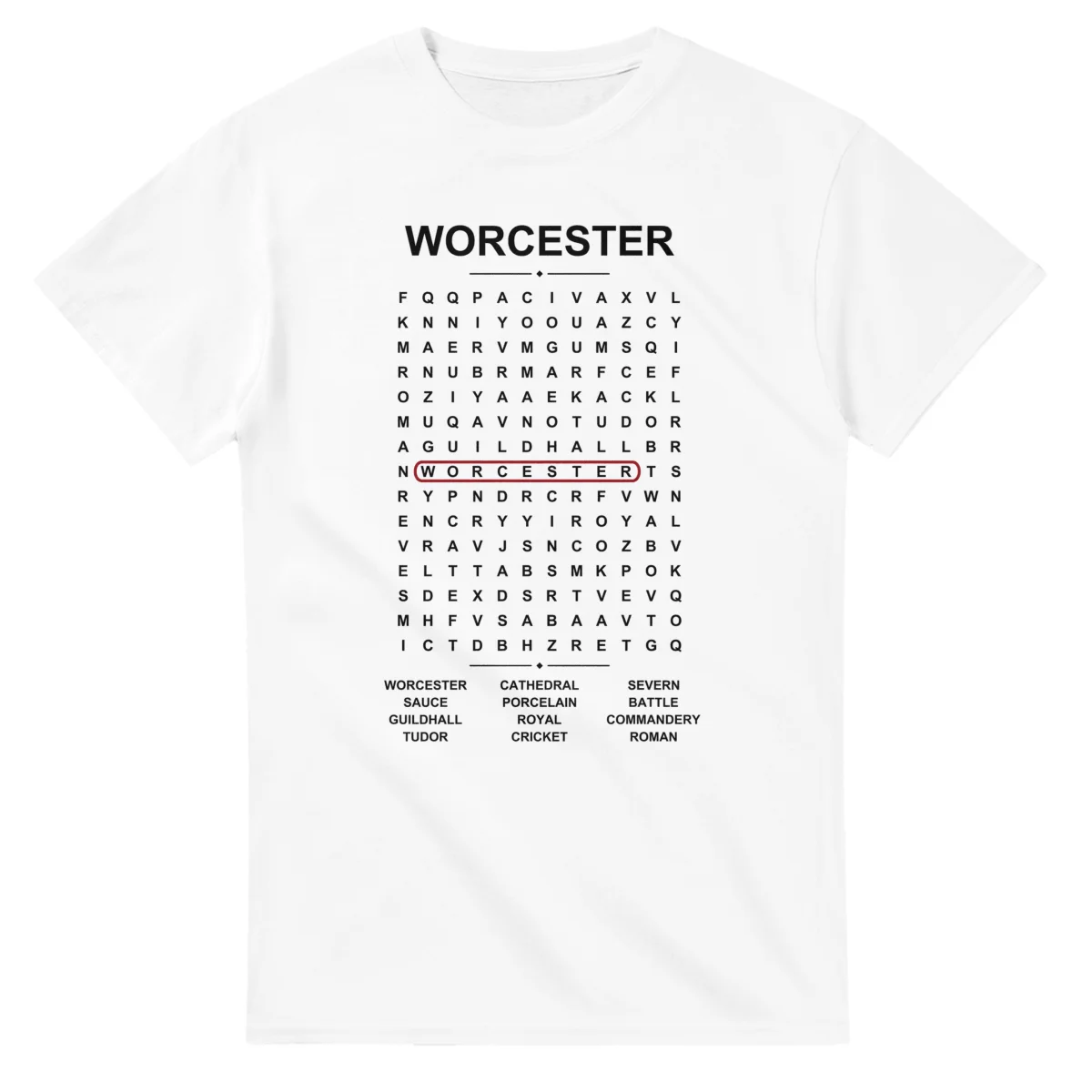 Word-search sheet for Worcester, with a large place-name heading, a letter grid, a local answer list, and a red highlighted example word.