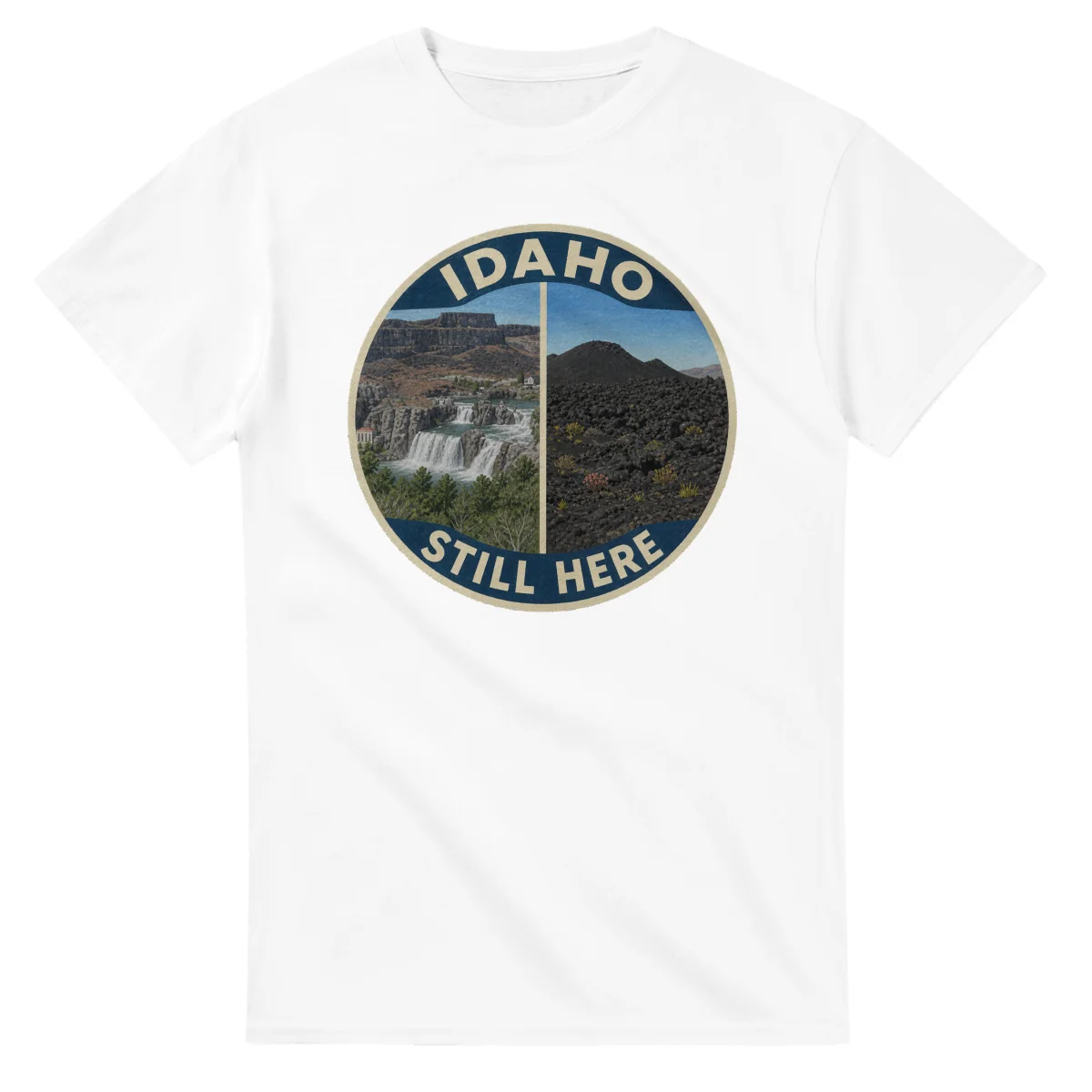 Painted, panelled scenic illustration for Idaho, with paired local scenes and the place name in lettering.