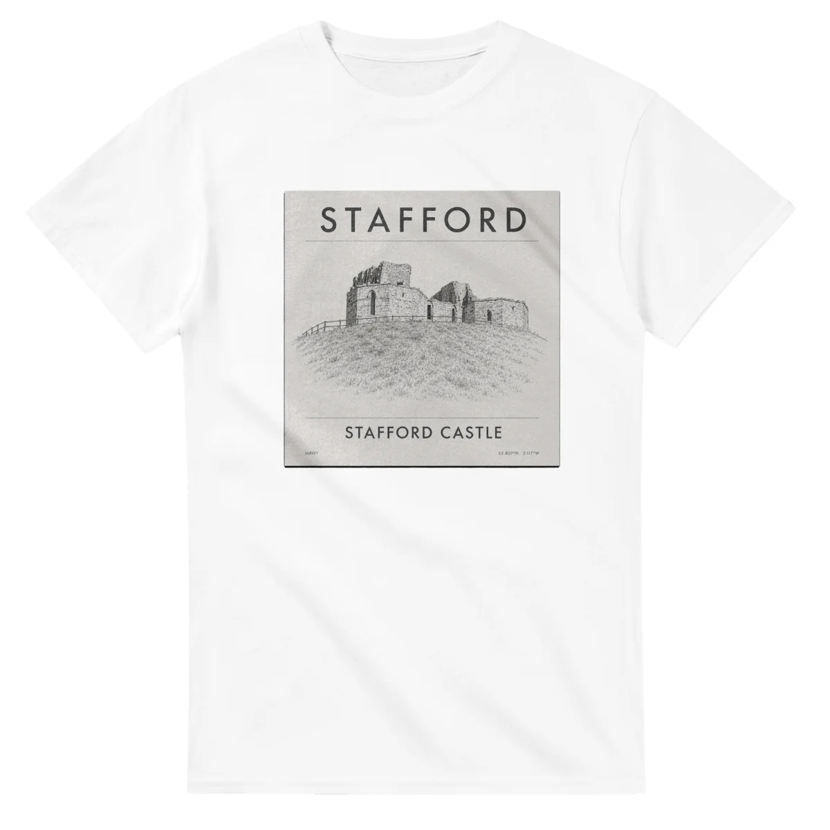 Fine-line engraving-style drawing for Stafford, with a landmark caption and small coordinate text.