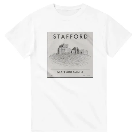 Fine-line engraving-style drawing for Stafford, with a landmark caption and small coordinate text.