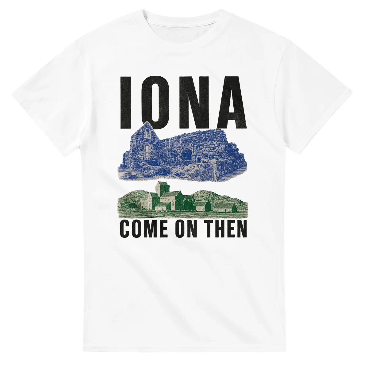 Two-colour scenic illustration for Iona, with the place name and COME ON THEN lettering.