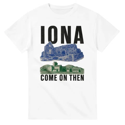Two-colour scenic illustration for Iona, with the place name and COME ON THEN lettering.