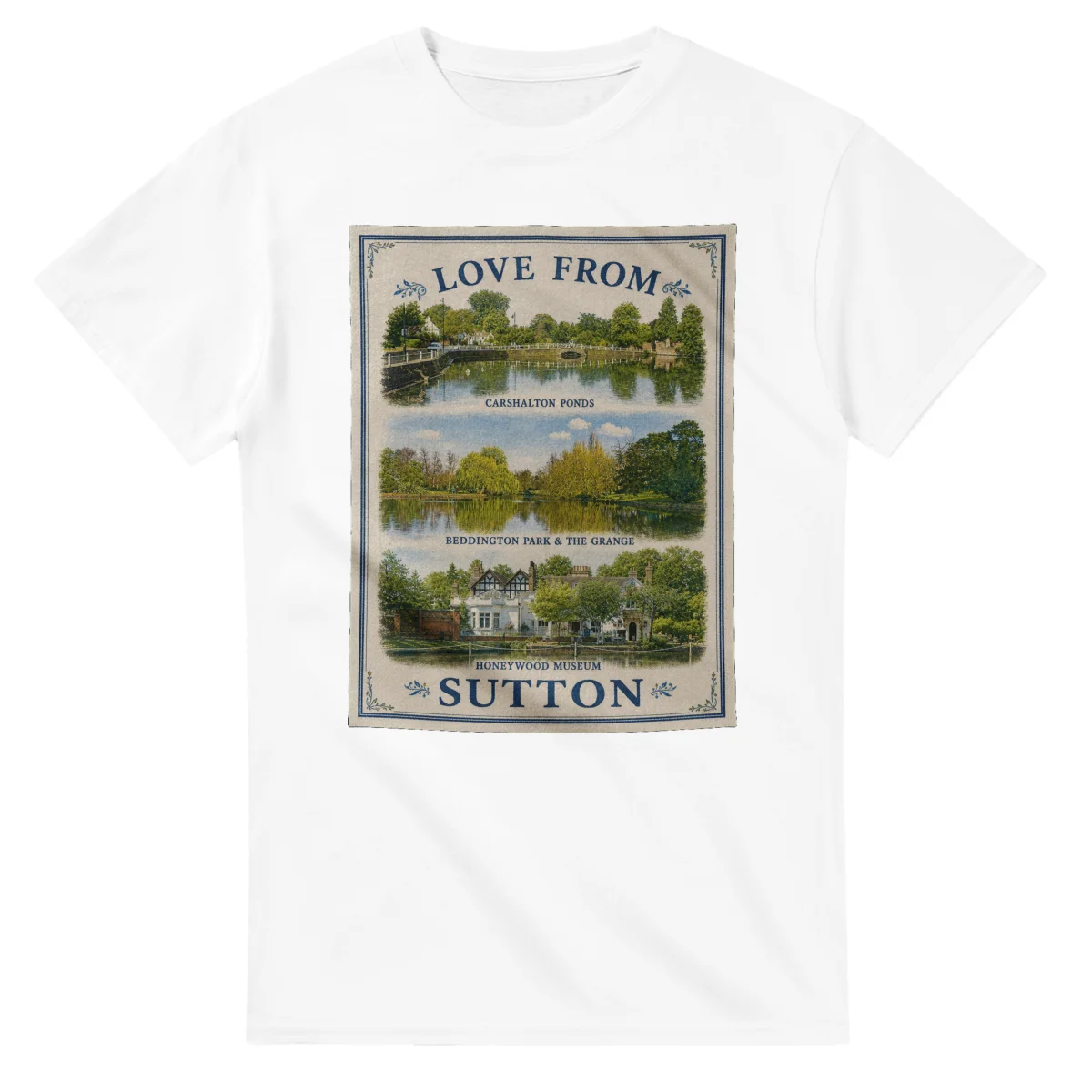 Framed scenic design for London Borough of Sutton, with several local views, a decorative border and LOVE FROM lettering.